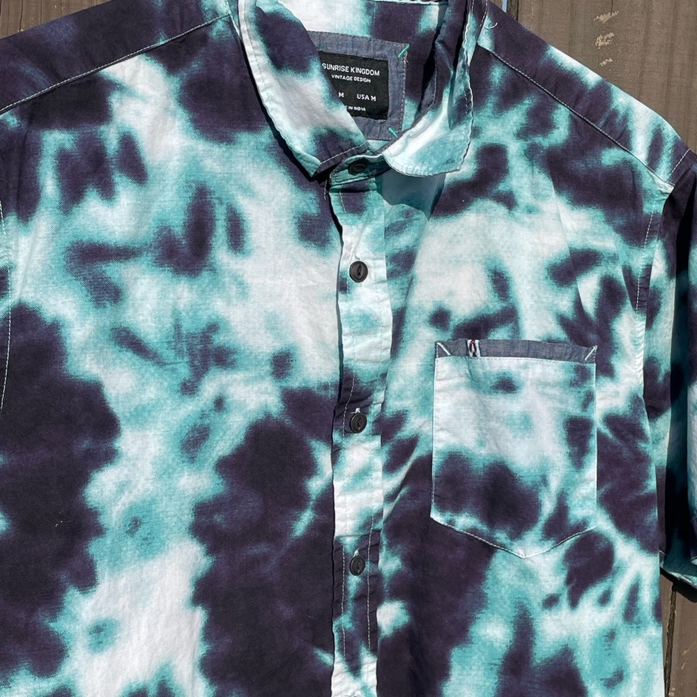 Mens sunrise kingdom blue tie dye button down shirt - Picture 11 of 17